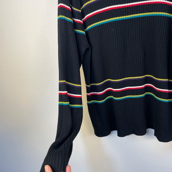 Women’s turtle neck stripe black sweater with pops of color rib knit size L - Picture 5 of 12
